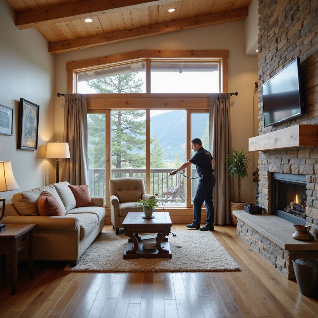 A man in a home cleaning window, near a fireplace, with a mountain view.