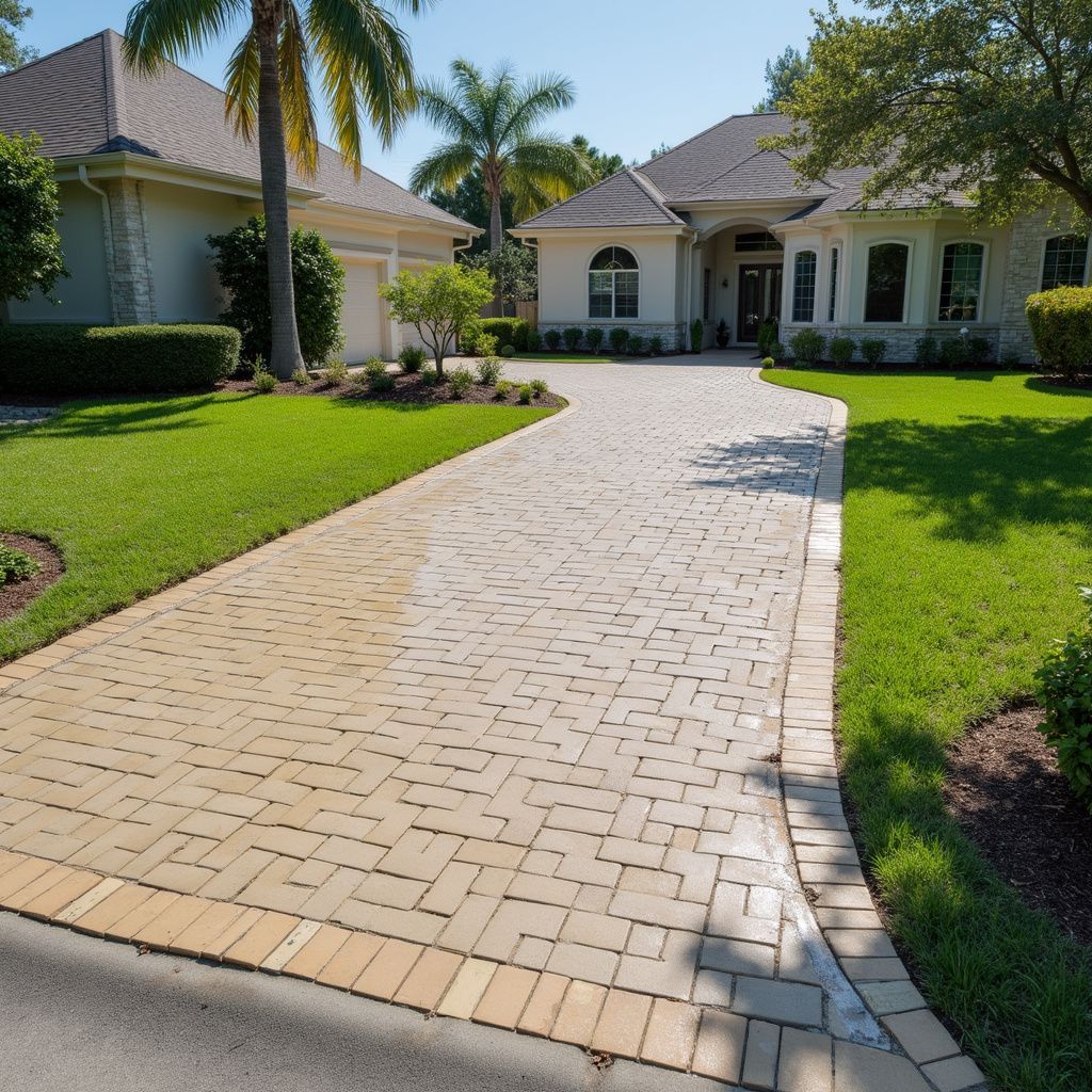 Brick driveway leading to a light-colored house with green lawn and palm trees under a clear sky.