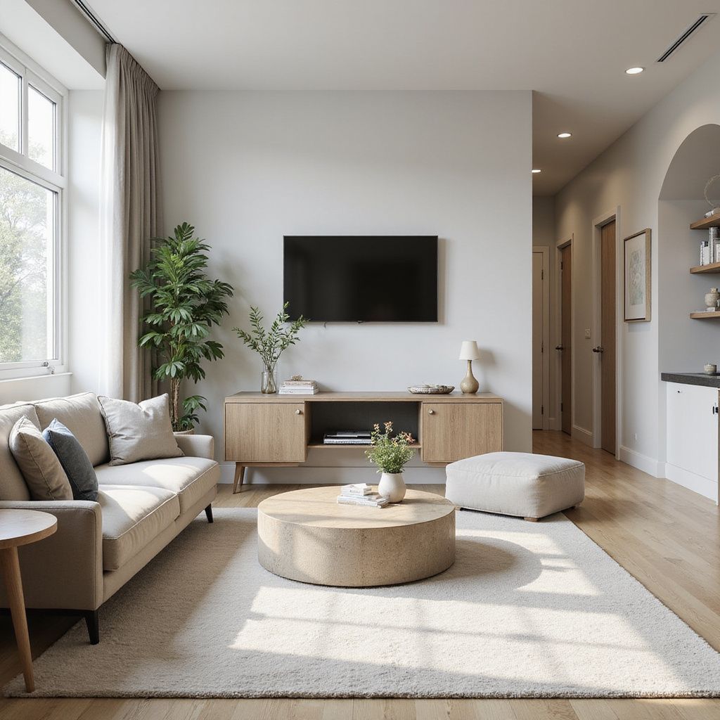 Living room with beige sofa, wooden coffee table, and TV on a light wood console, arched doorway.