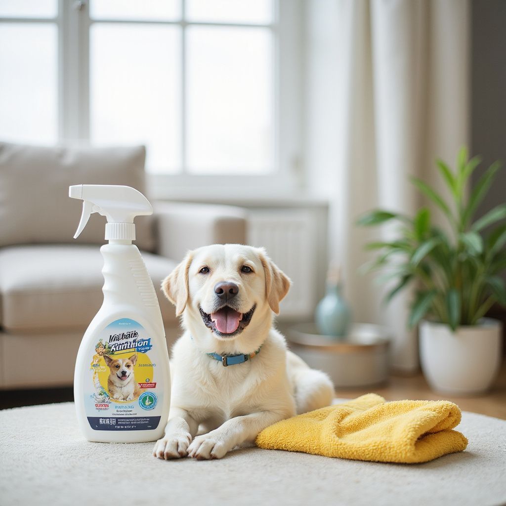 A happy Labrador dog rests on a rug next to cleaning spray and a yellow towel, indoor setting.