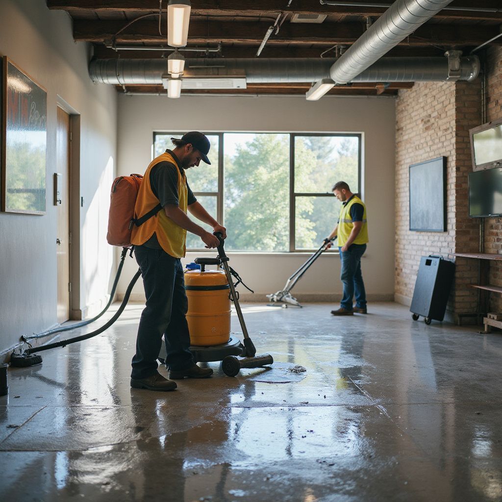 Two workers cleaning a wet concrete floor with industrial vacuums in a modern office setting.