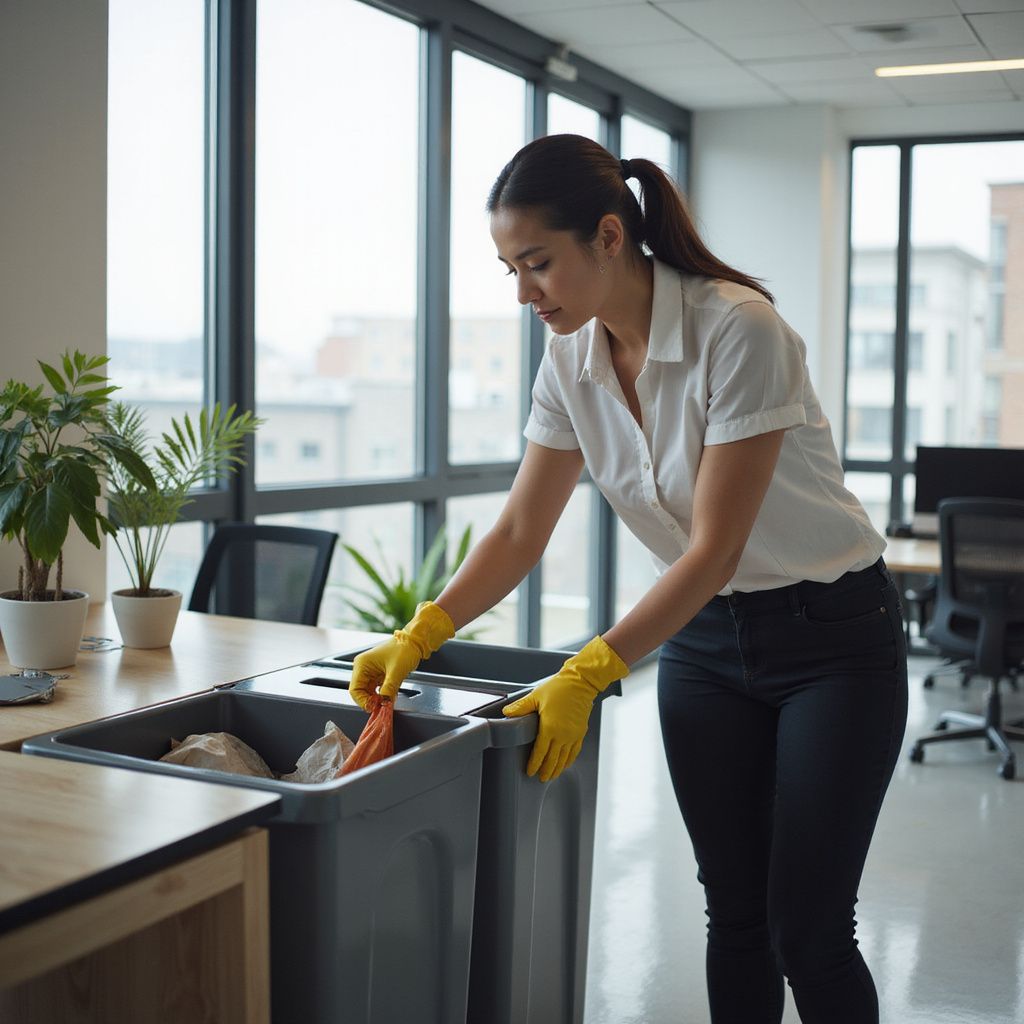 Woman in yellow gloves empties trash bin in a modern office with large windows.