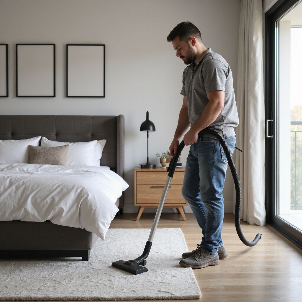 Man vacuums a rug in a bedroom with a bed, nightstand, and large window.