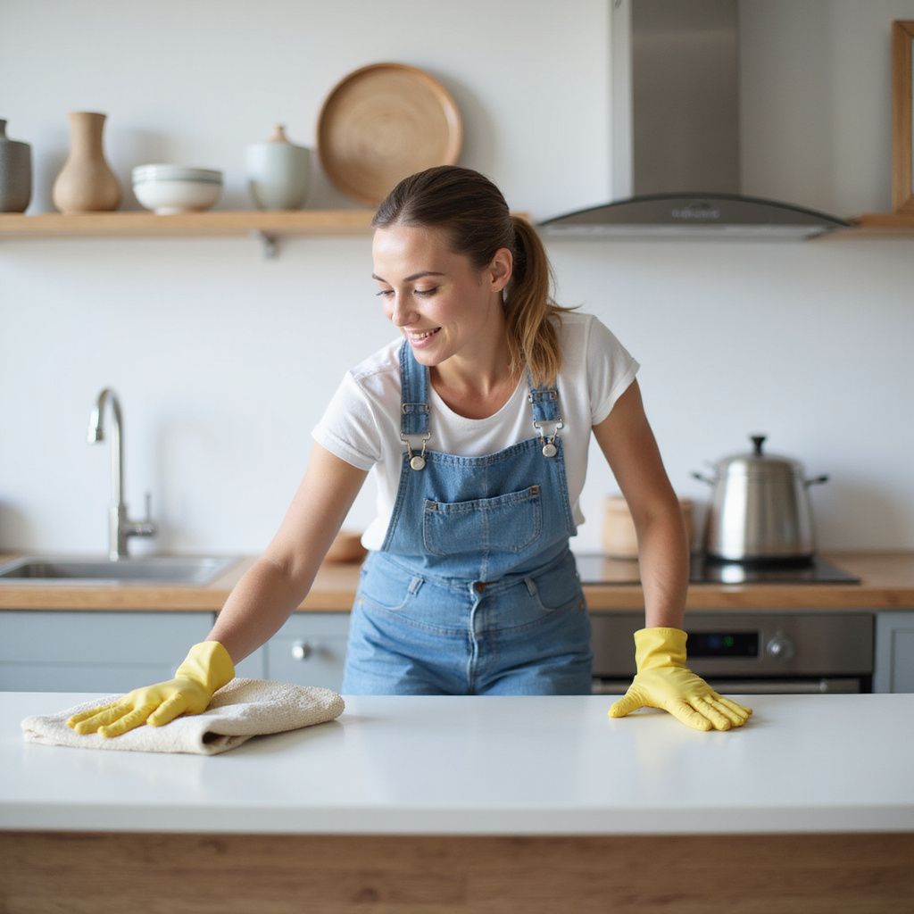 Woman wearing yellow gloves cleaning a kitchen countertop with a white cloth.
