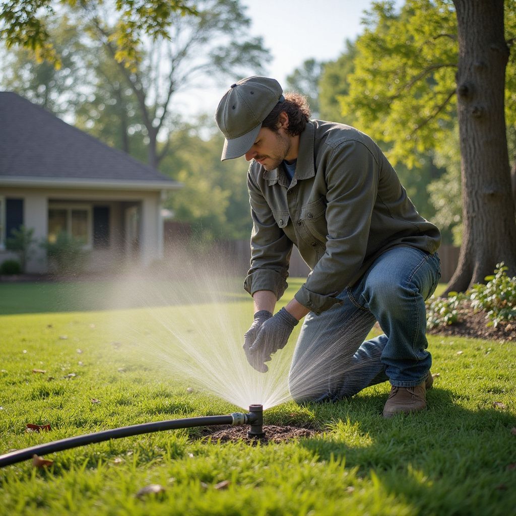 Man kneeling, fixing a sprinkler on green lawn, near a house and trees.