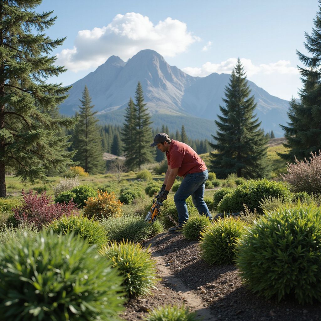 A man in a red shirt trims bushes in a garden with mountains in the background.