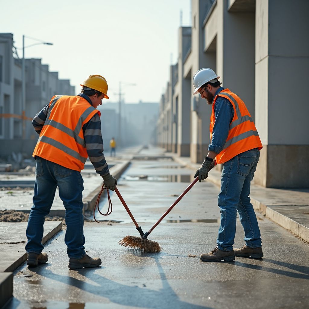 Two construction workers wearing orange vests and helmets sweeping a wet street.