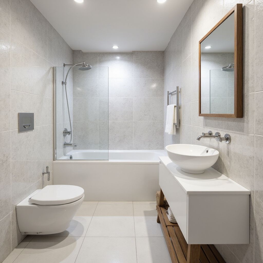 Modern bathroom with a white sink, toilet, and bathtub. Grey tiled walls, wooden accents, and a shower enclosure.