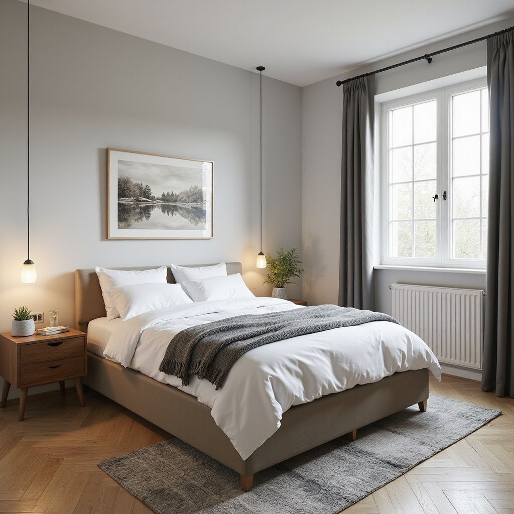 Bedroom with bed, artwork, nightstand, window with curtains, and a rug.