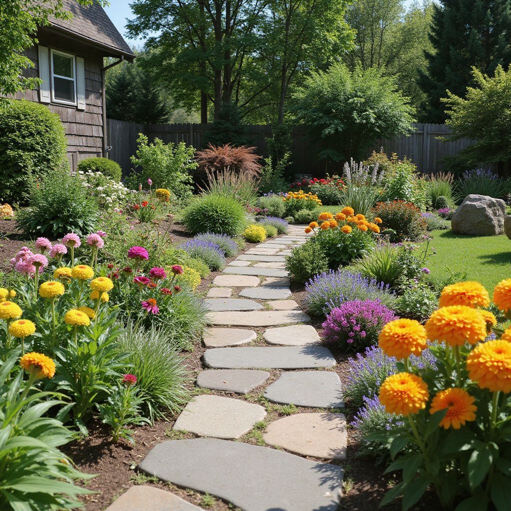Stone path through colorful flower garden; marigolds, coneflowers, and lavender.