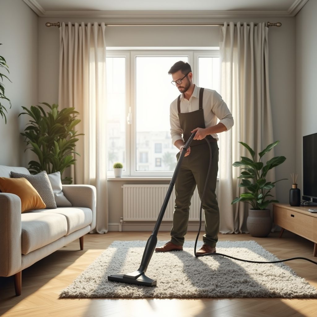 Man vacuuming a rug in a sunny living room with a sofa, plants, and a window.