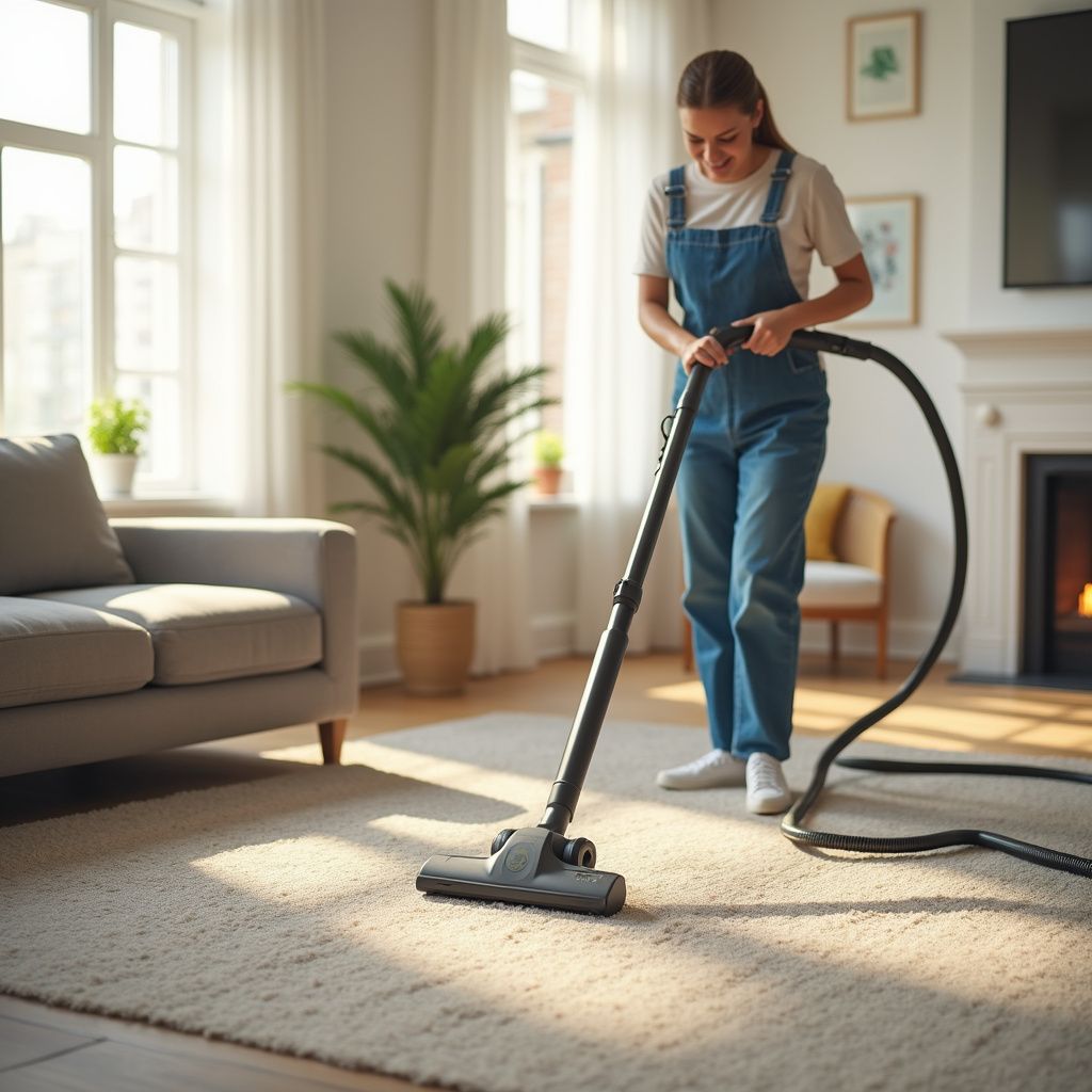 Woman vacuuming a rug in a living room with a couch, plants, and a fireplace.