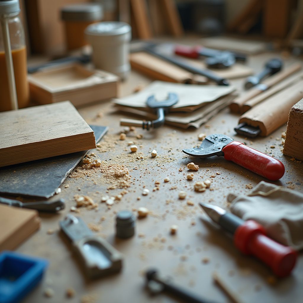 Woodworking tools and materials scattered on a wooden surface, including wrenches, wood pieces, and sawdust.