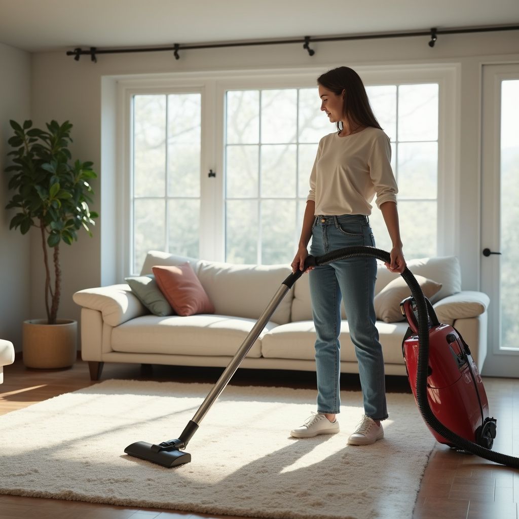 Woman vacuuming a cream-colored rug in a sunlit living room with a white couch and large windows.