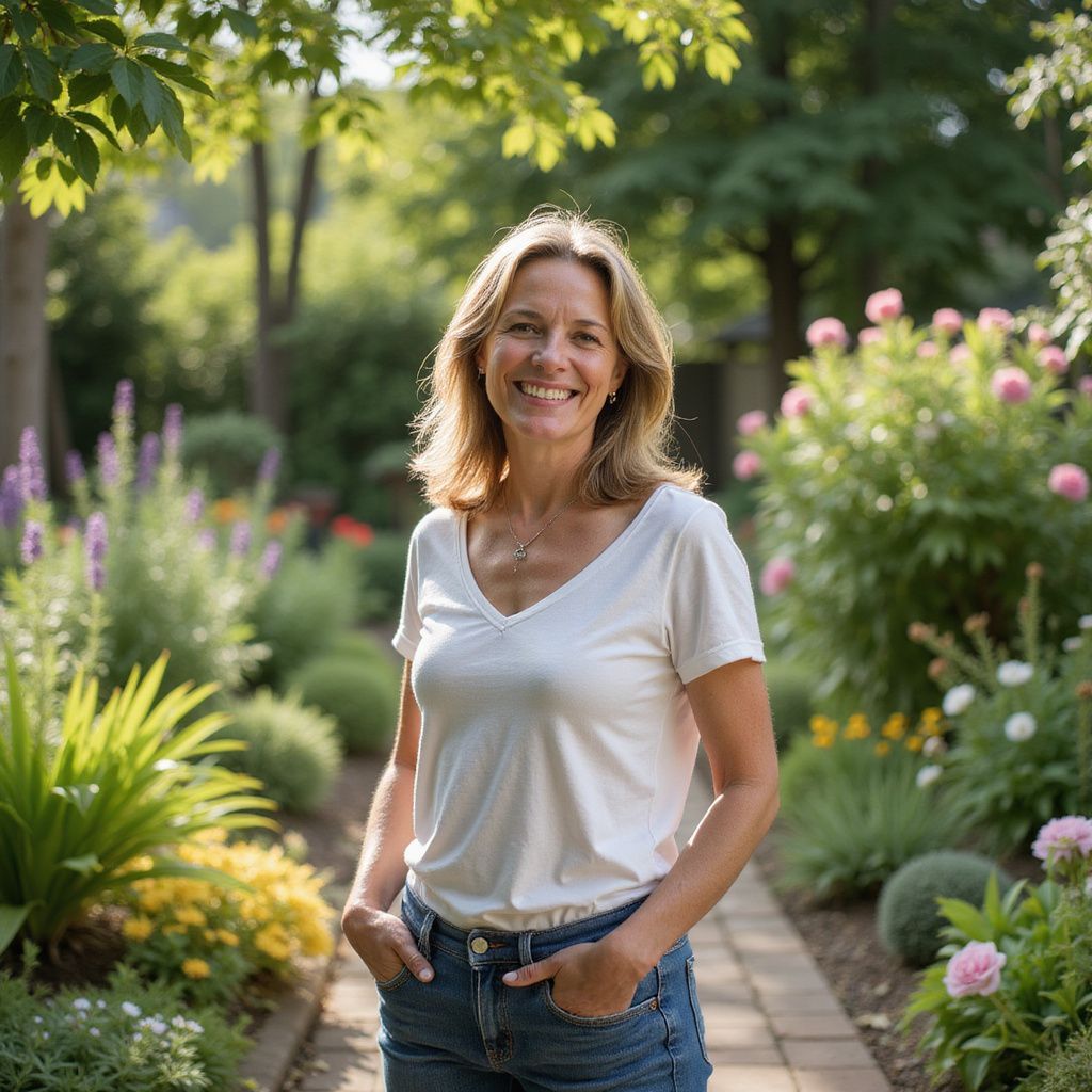Woman in a garden, smiling, hands in pockets. Wearing jeans and white top. Flowers and brick pathway in background.