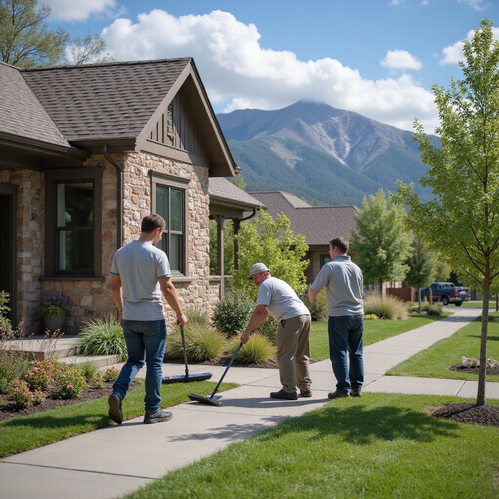 Three men sweeping a sidewalk in front of a house with mountains in the background.