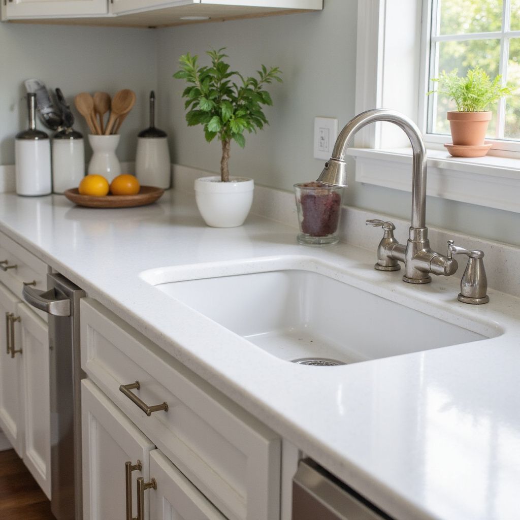 White kitchen sink and countertop with a stainless steel faucet and white cabinets.