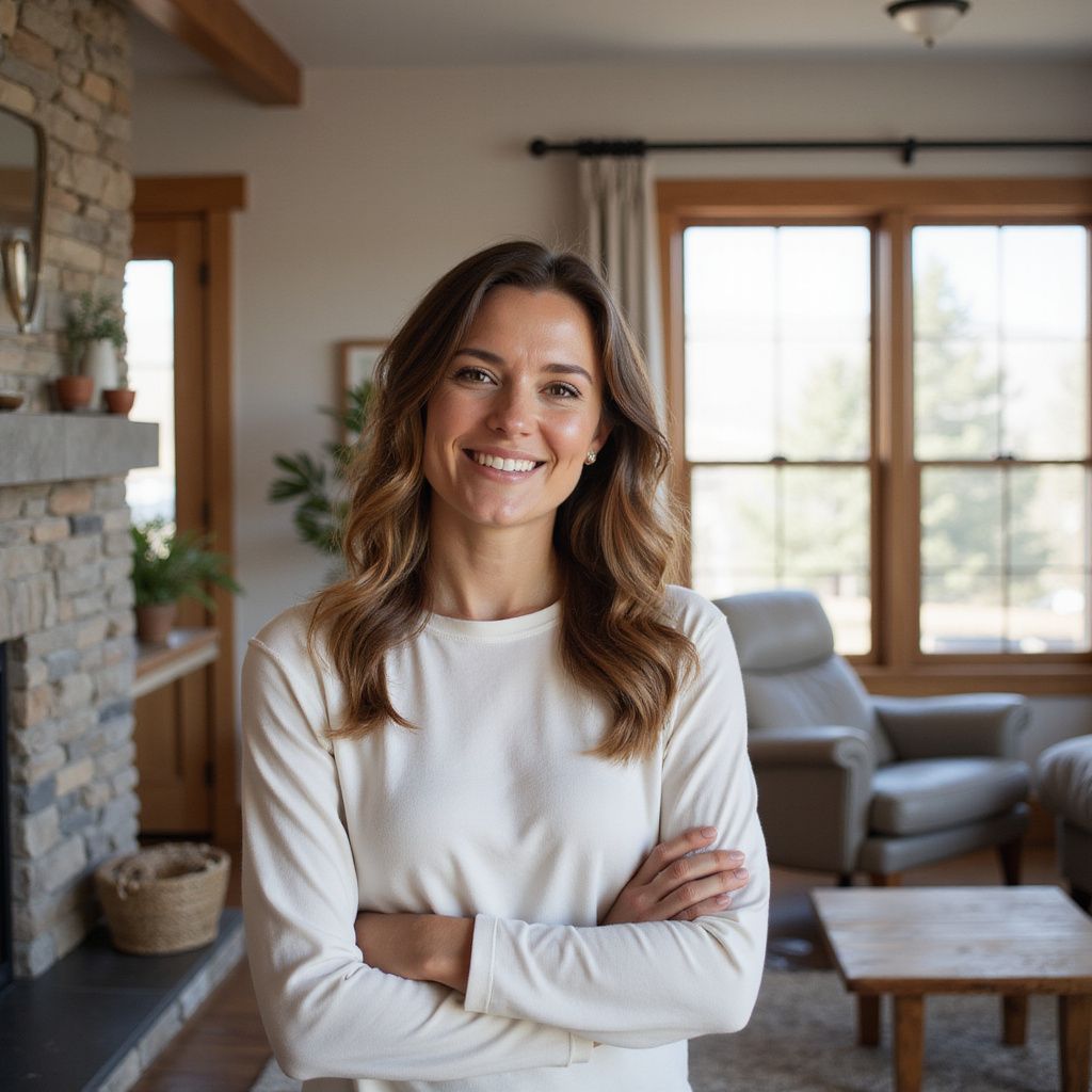 Woman with crossed arms smiles in a warmly lit living room with a fireplace and windows.