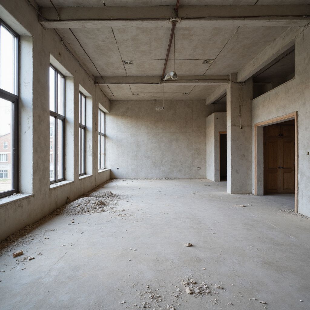 Unfinished concrete interior with large windows, a doorway, and debris on the floor.
