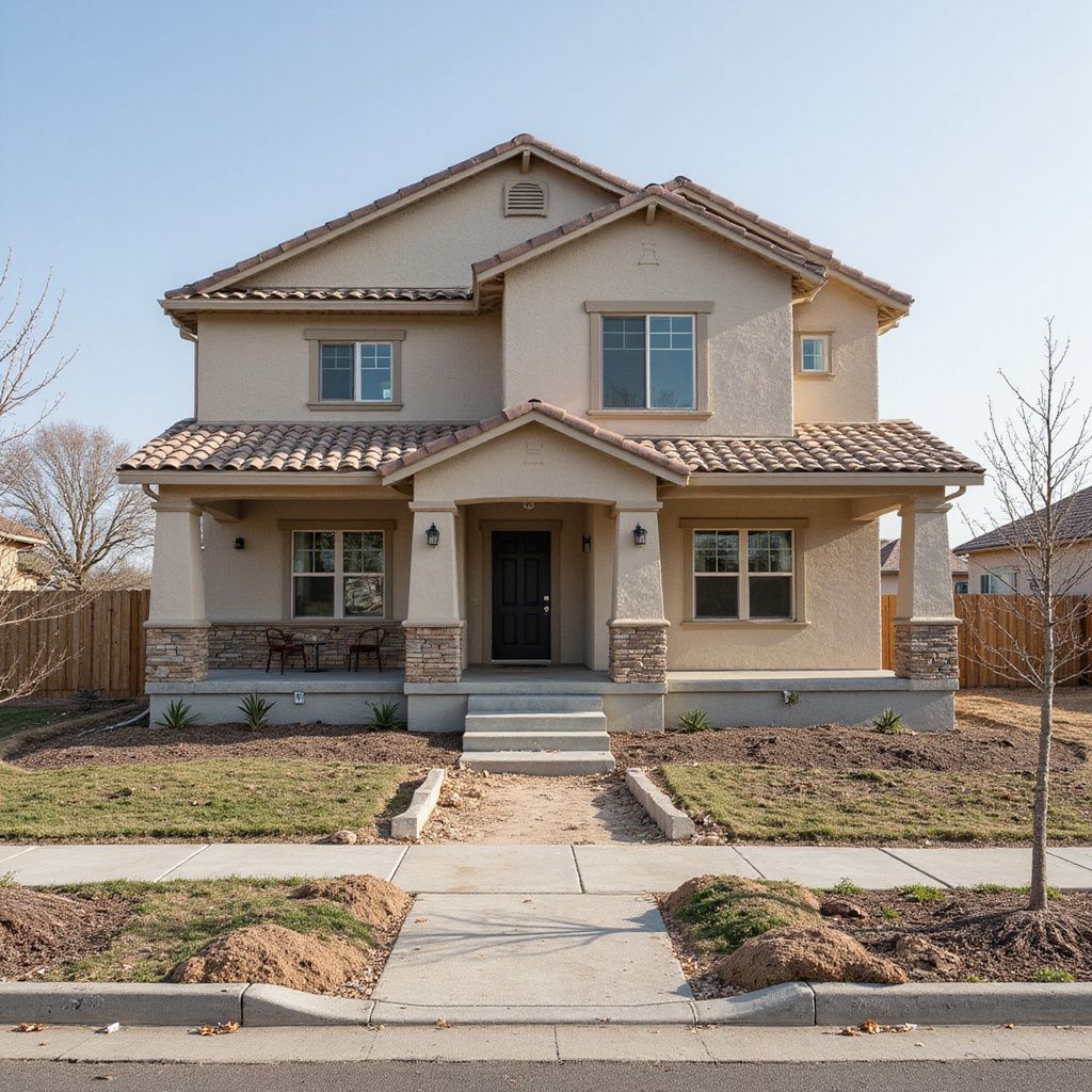 Two-story beige house with stone accents, tiled roof, porch, and small front yard.