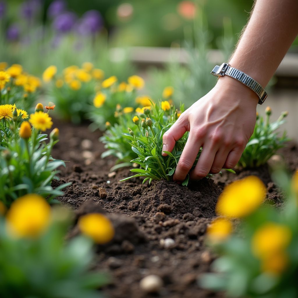 Hand tending yellow flowers in a garden bed.