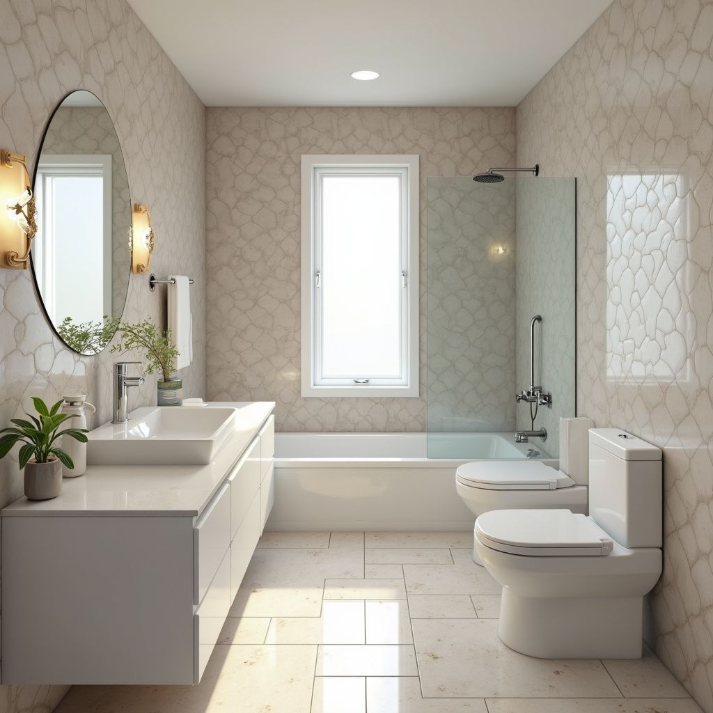 Bathroom with a white sink, toilet, and bathtub. Beige patterned walls and floor.