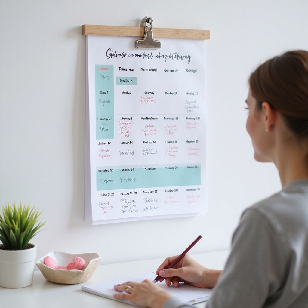 Woman writing at a desk, calendar clipped to a wall with a wooden holder.