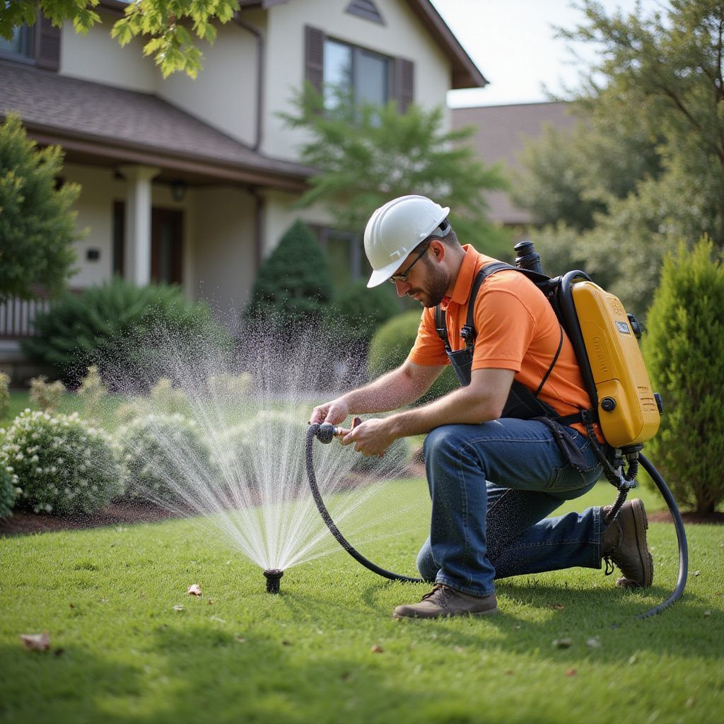 Man in orange shirt, hard hat, and backpack sprayer kneeling over sprinkler on green lawn.