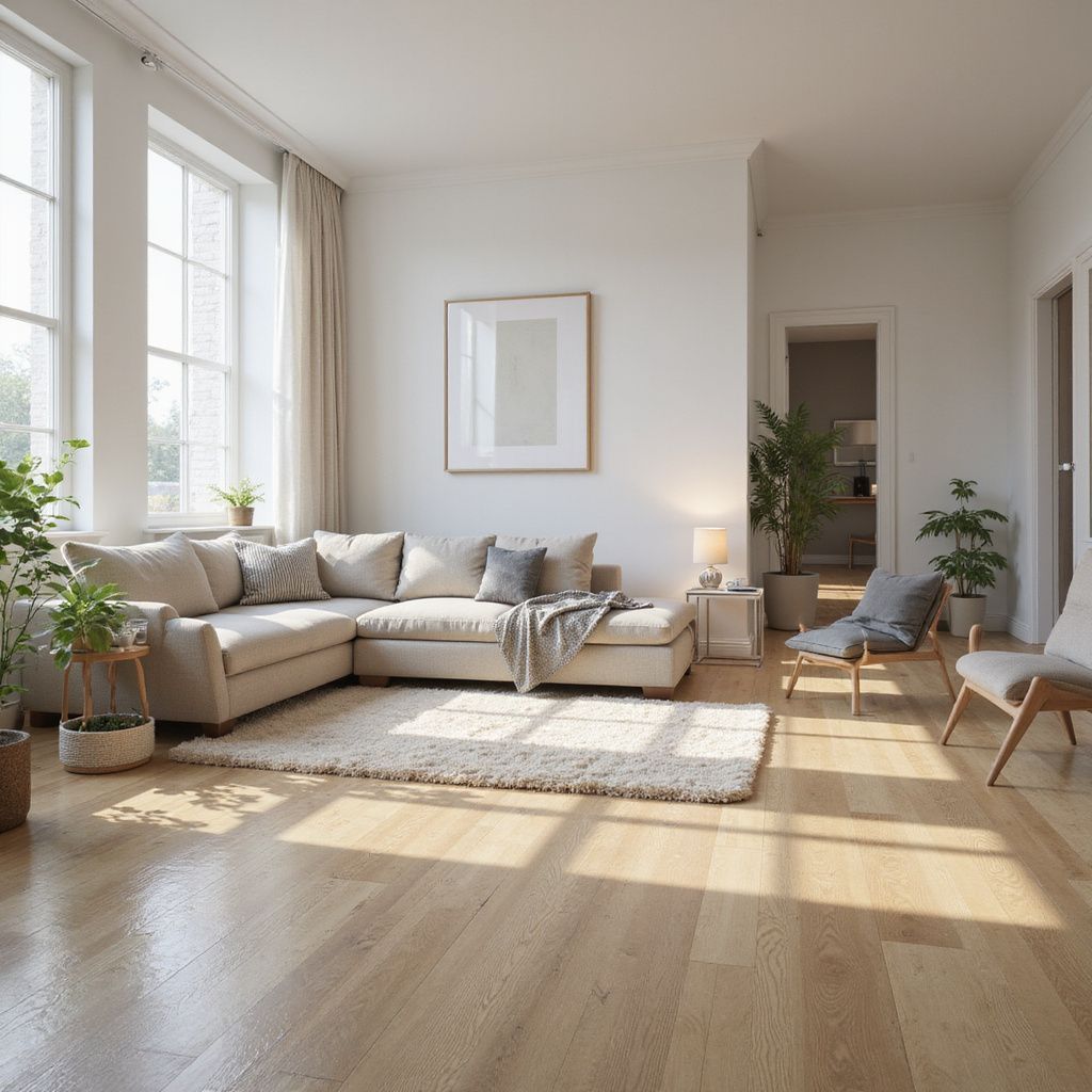 Spacious living room with neutral tones, sectional sofa, plants, large windows, and wood flooring.