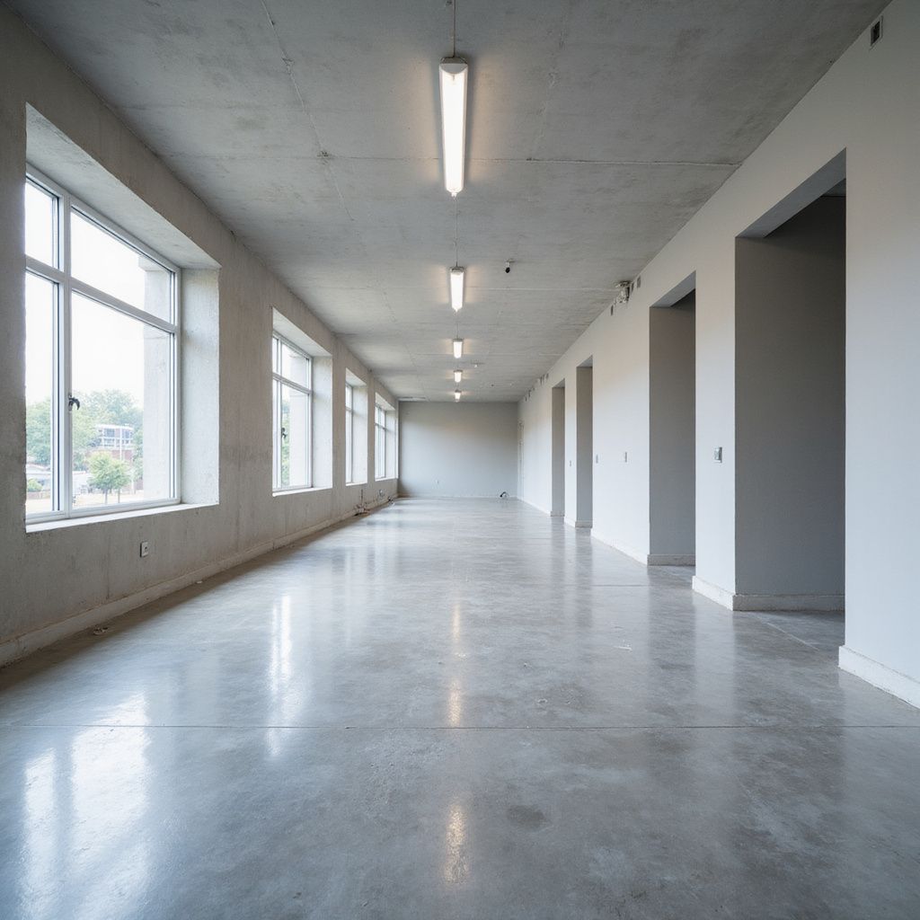 Long, empty, concrete hallway with windows on the left, doors on the right, and fluorescent lights.