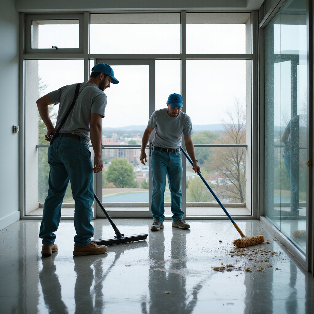Two people, wearing blue caps and jeans, cleaning a shiny floor with mops near large windows.