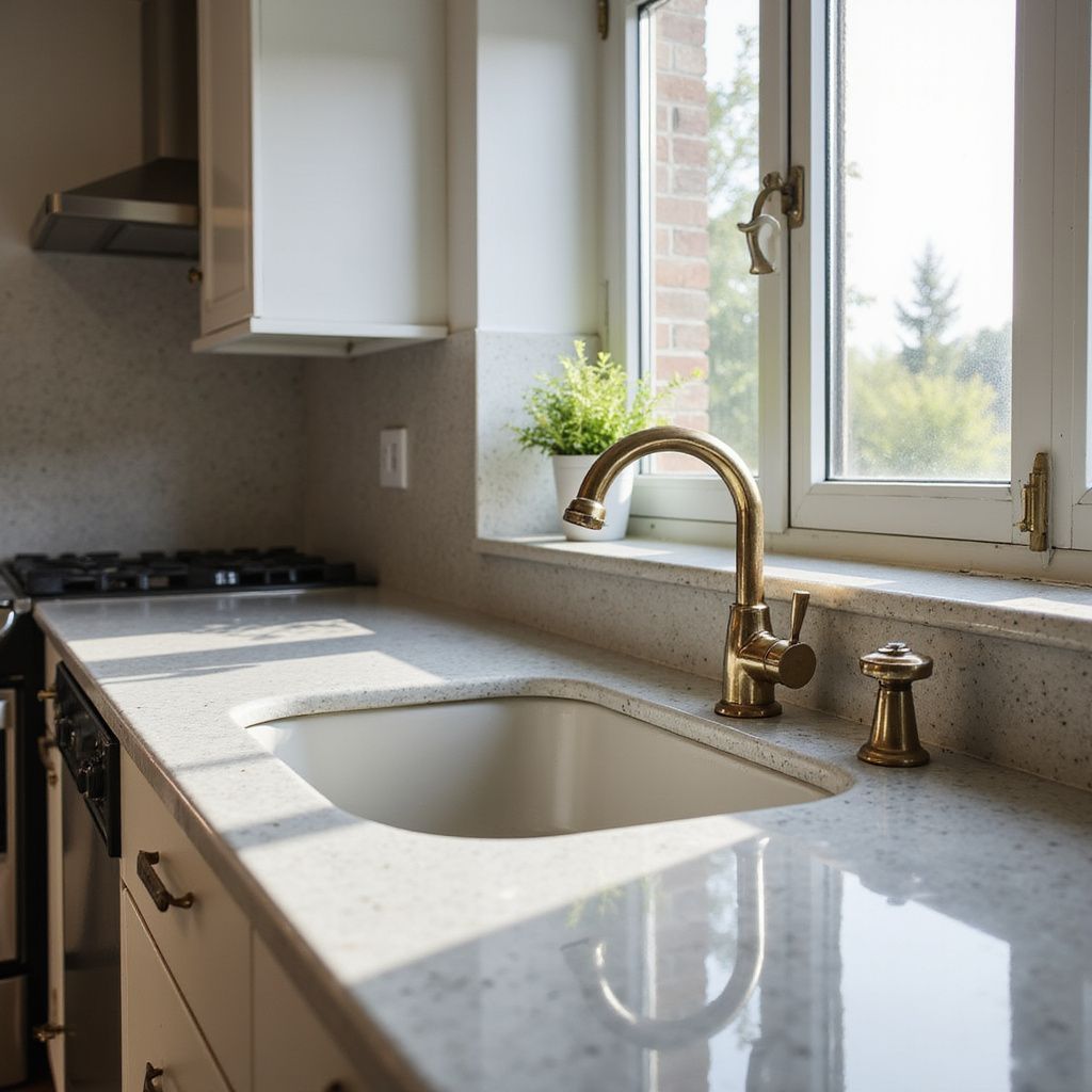 Kitchen with white cabinets, gold faucet, sink, and window overlooking trees.