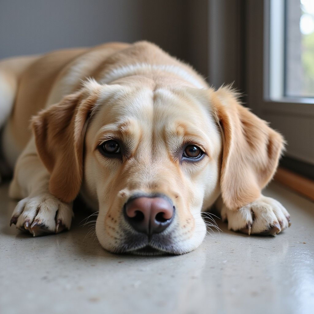 Yellow Labrador Retriever lying down, looking at the viewer with a sad expression, near a window.