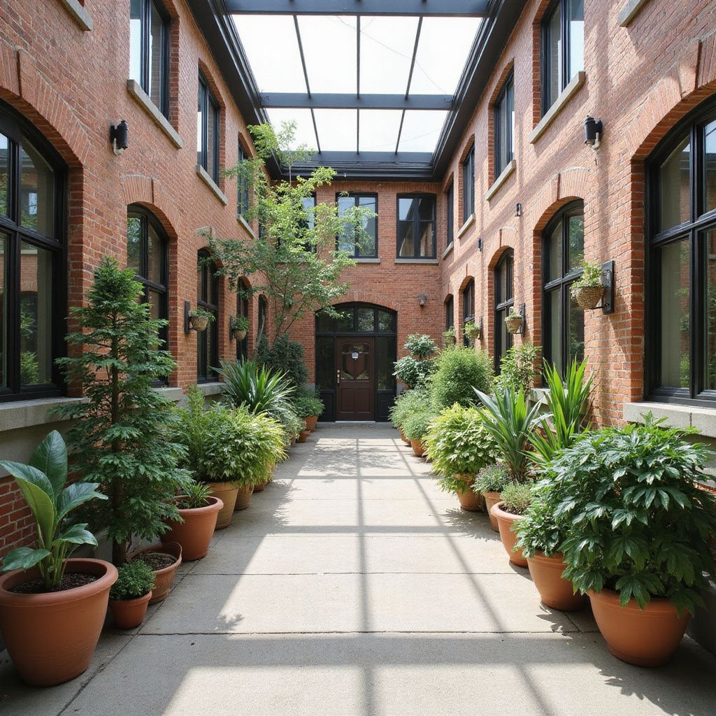 Brick courtyard with potted plants, glass roof, and arched windows.