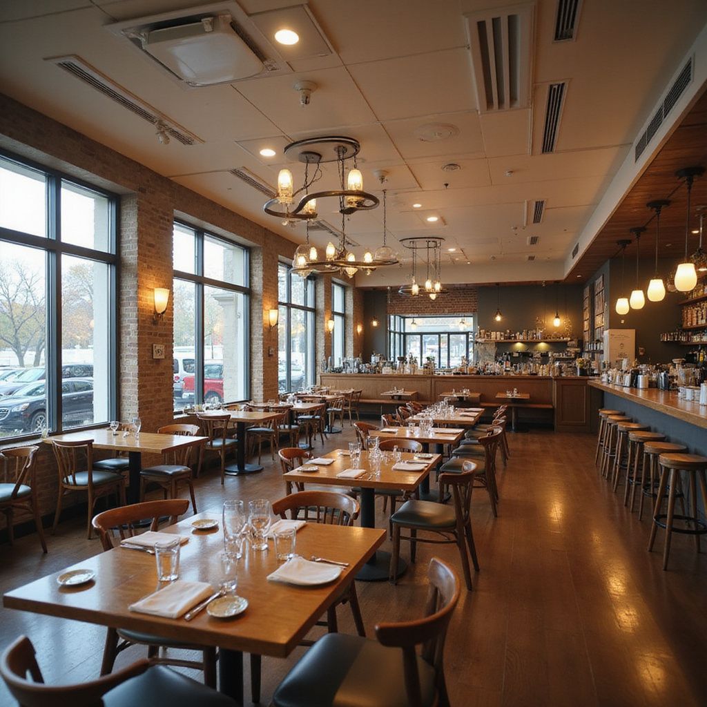 Restaurant interior: tables set for dining, bar with stools, large windows, brick walls, overhead lighting.