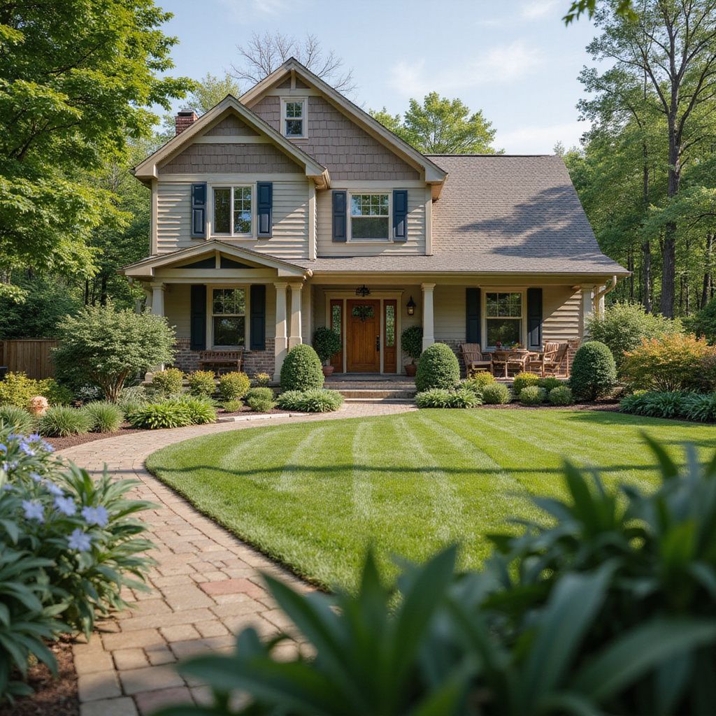 Two-story beige house with manicured lawn and garden, brick walkway.