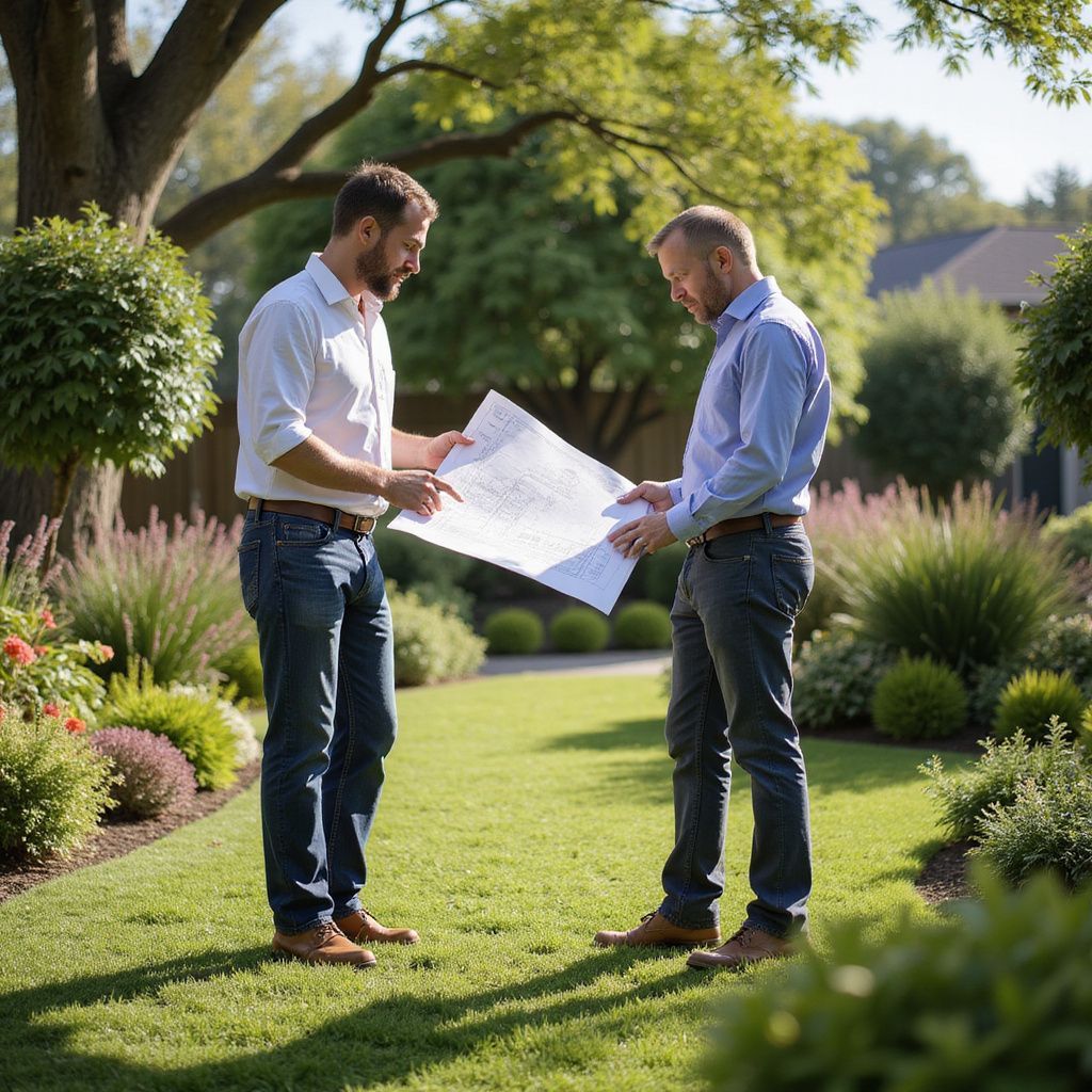 Two men in a garden looking at blueprints, planning landscaping.