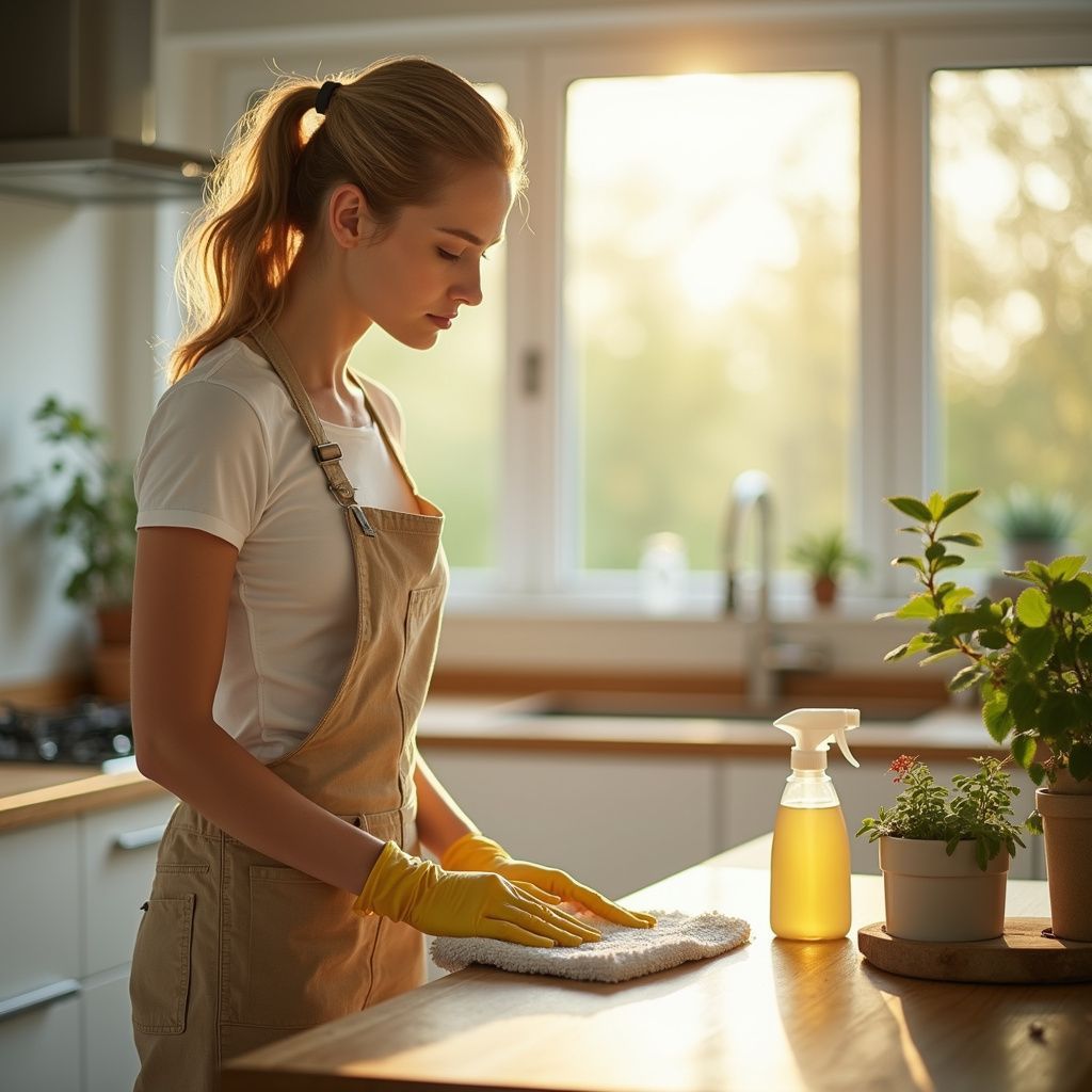 Woman cleaning kitchen counter with spray bottle, sunlight streaming in windows.