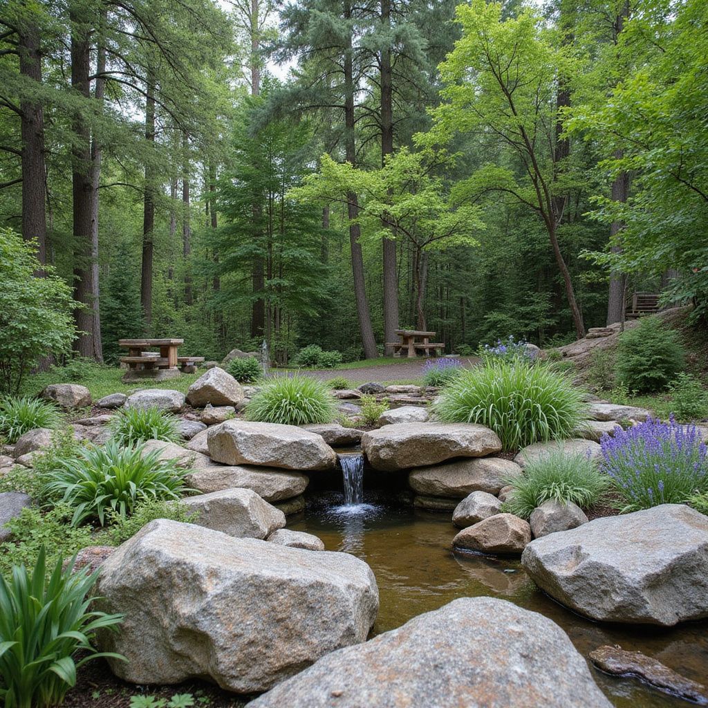 A rocky stream flows through a forest with picnic tables. Green foliage and tall trees are abundant.