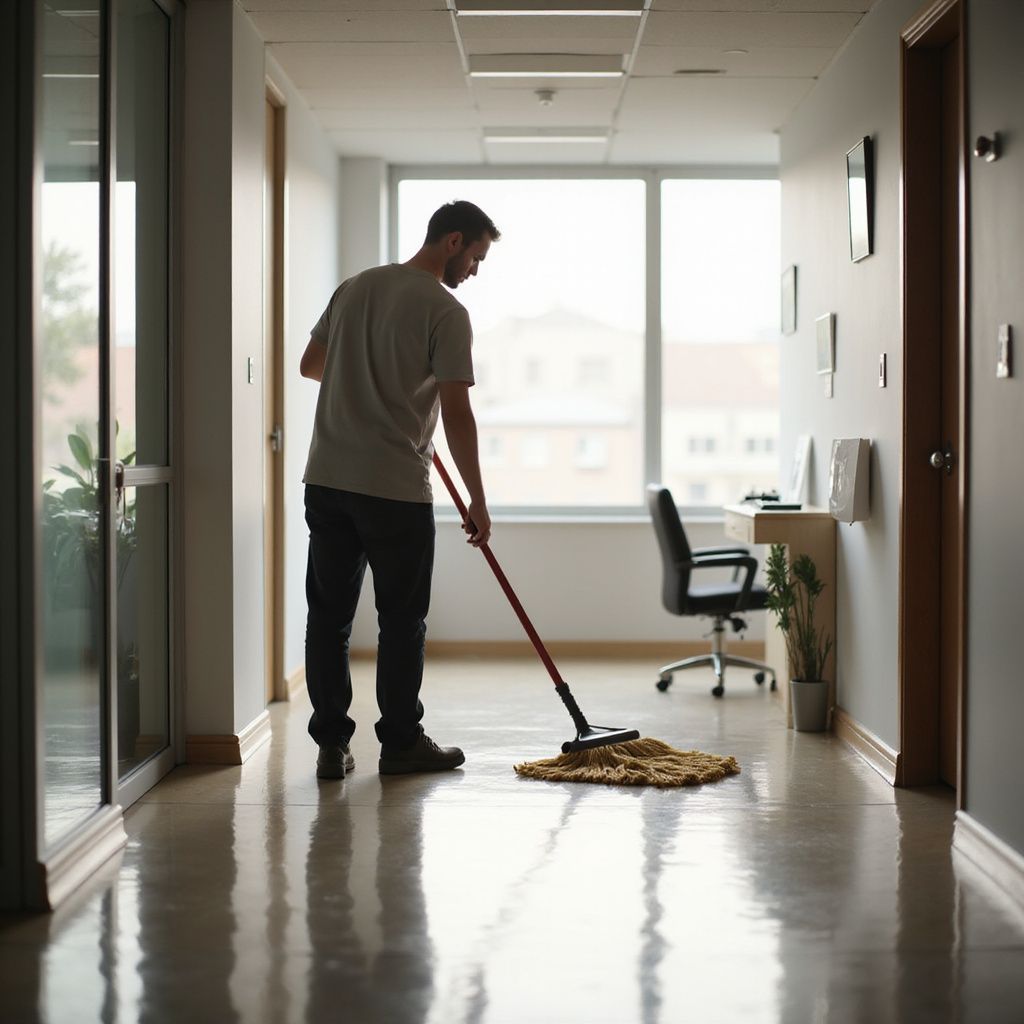 Man mopping office hallway with large window and desk in the background.