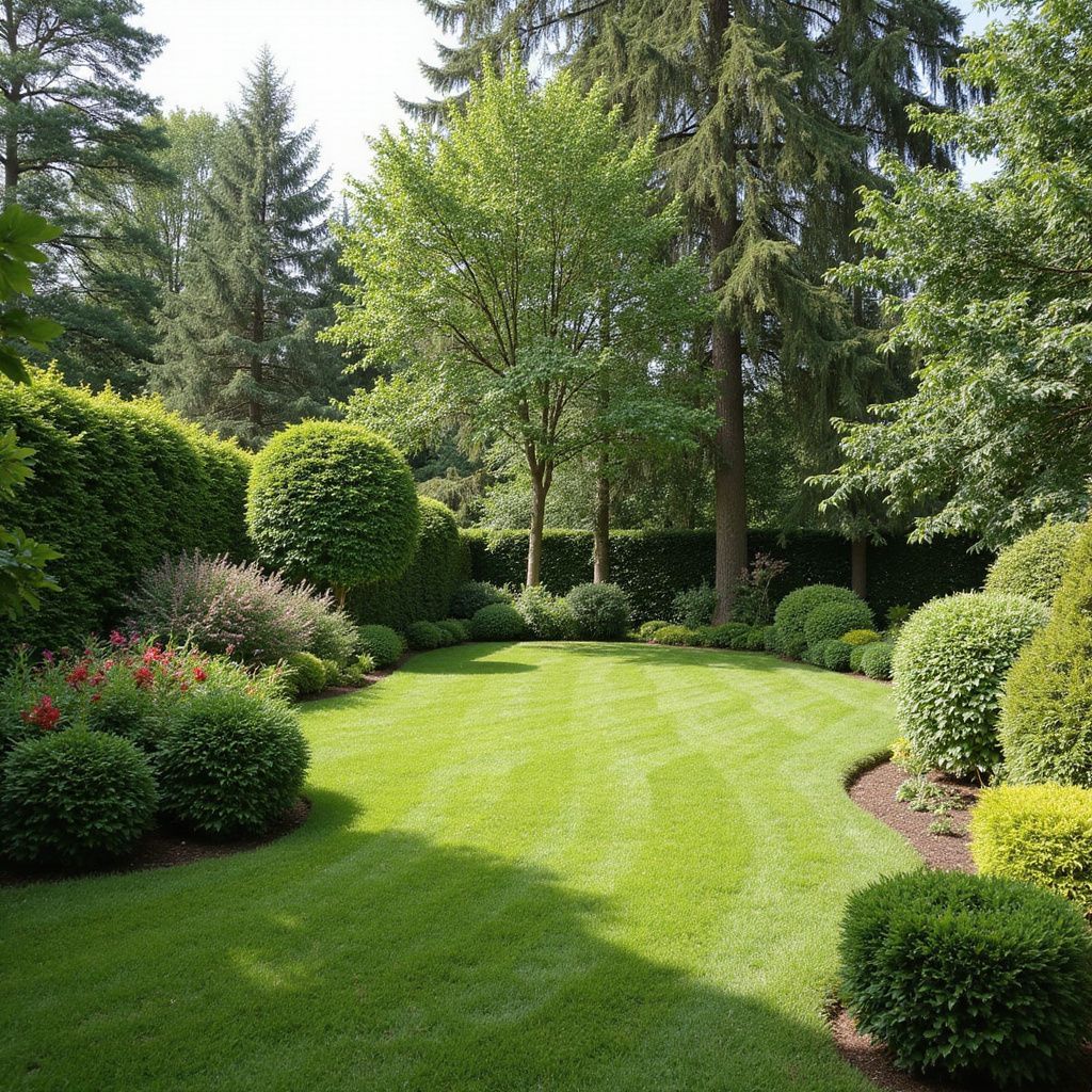 Lush green backyard with manicured lawn, bushes, and trees. Bright sunny day.
