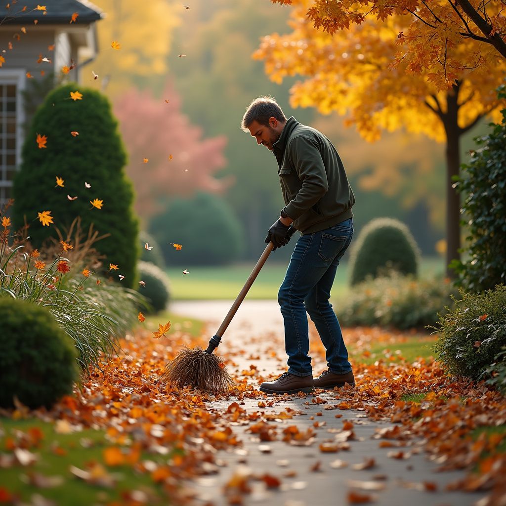 Man raking leaves on a brick pathway in a yard during autumn.