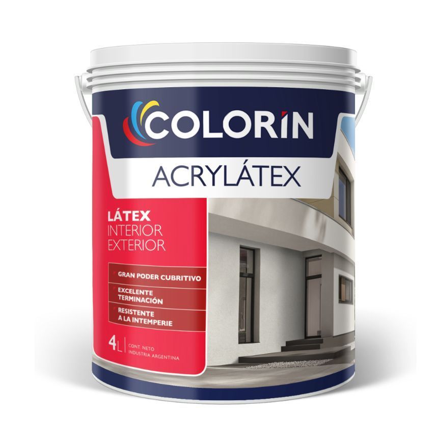 Lata de pintura acrílica Colorin para interiores y exteriores. Azul, roja y blanca. 4 l.