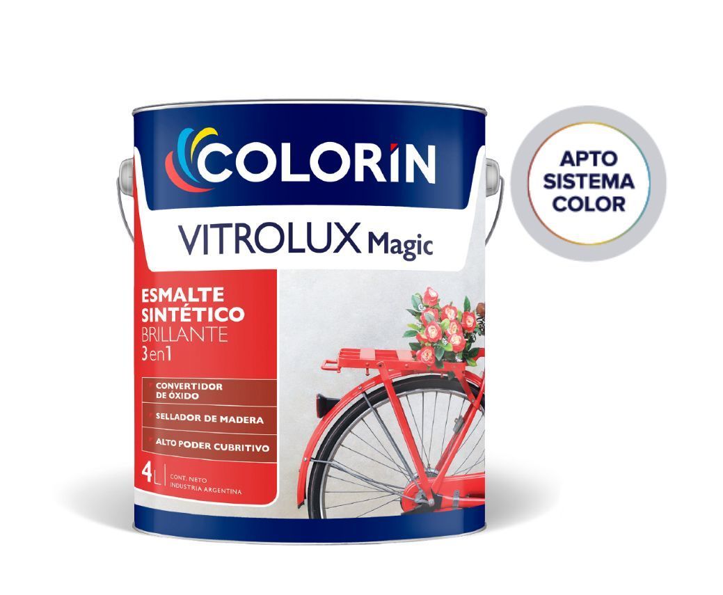 Lata de pintura Colorin Vitrolux Magic con una bicicleta en la etiqueta.