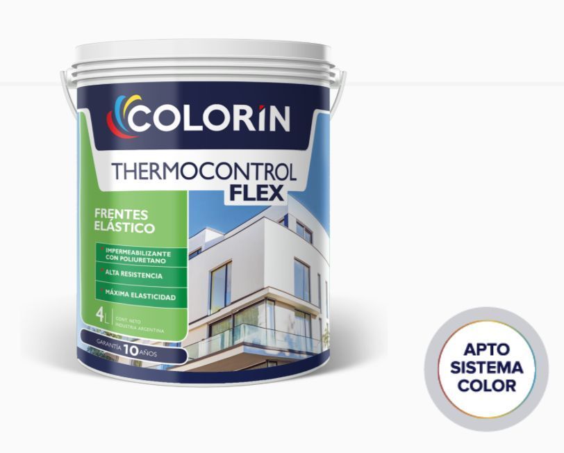 Lata de pintura rotulada “Colorin Thermocontrol Flex” para frentes elásticos, delante de un edificio blanco.