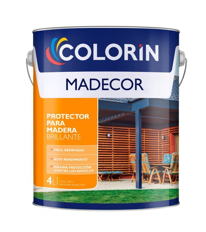 Lata de pintura protectora de madera Colorin Madecor con imagen de ambiente exterior.
