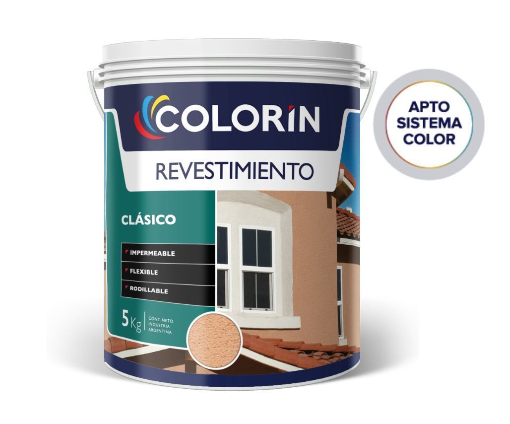 Cubo de revestimiento exterior Colorin; etiqueta azul marino, turquesa y blanca.