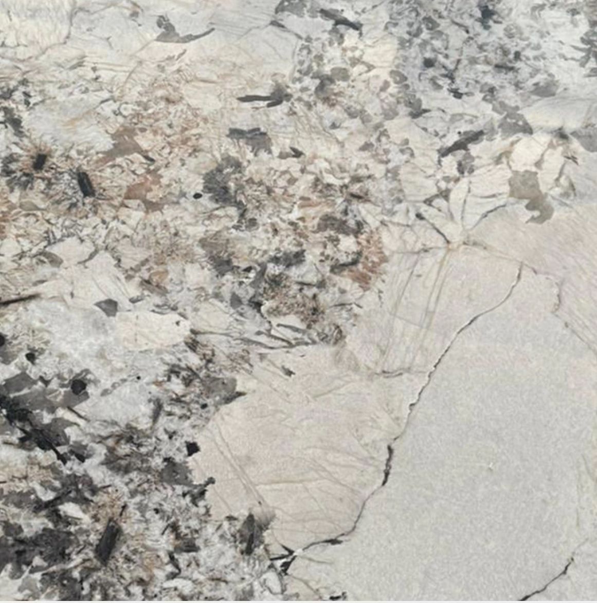 Losa de granito con vetas blancas, grises y negras; la superficie es pulida y reflectante.