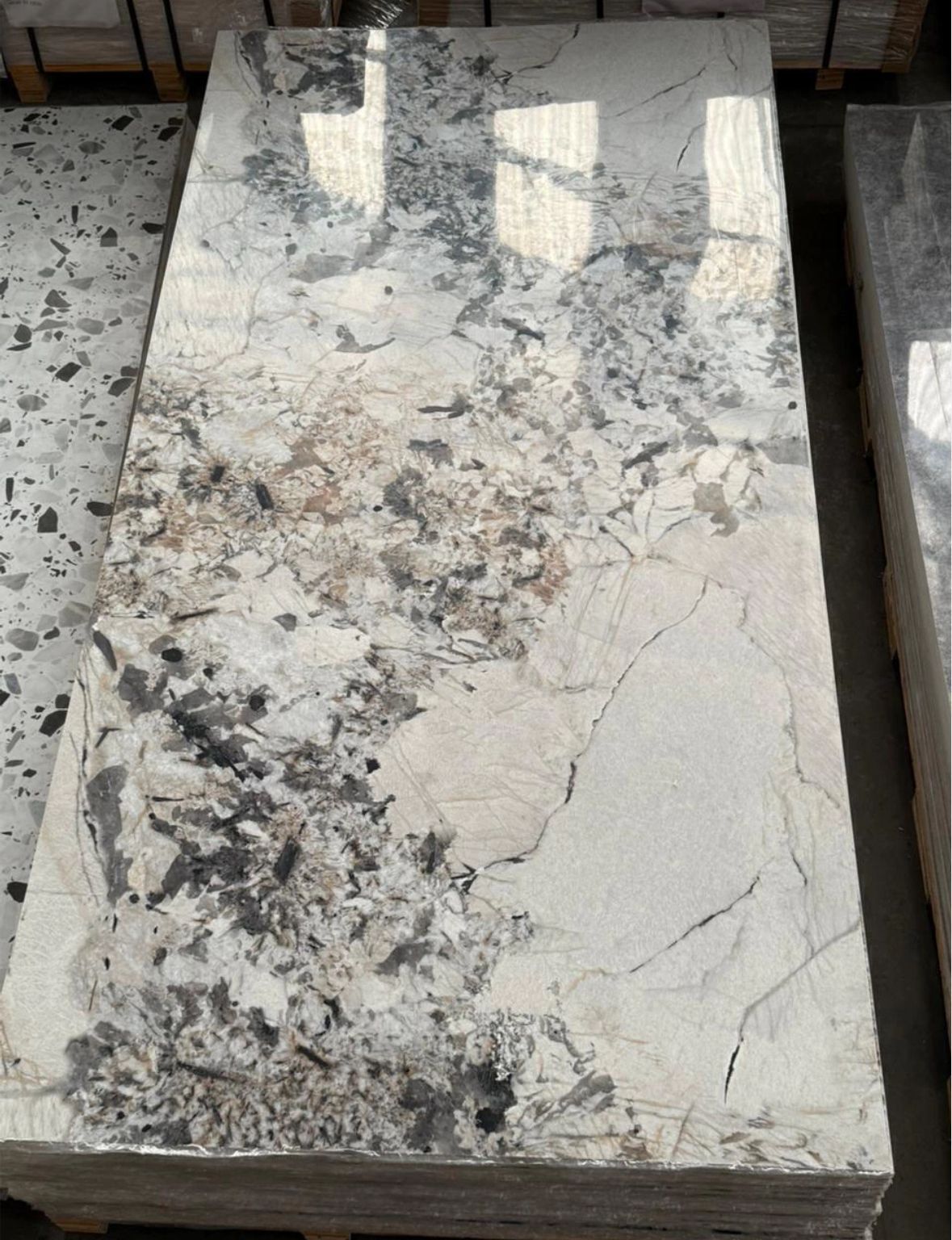 Losa de granito con vetas blancas, grises y negras; la superficie es pulida y reflectante.