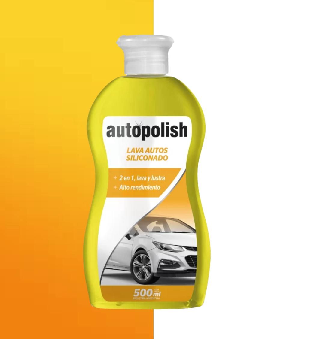 Botella de lavado de autos “autopolis”, líquido amarillo, gráfica de auto, fondo blanco y amarillo.